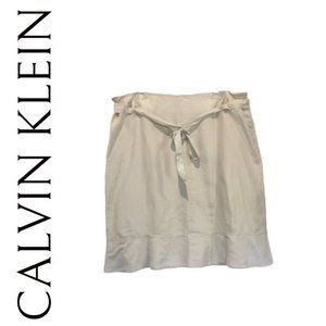 Calvin Klein Short Belted Khaki Silk Bamboo Pockets Midi Skirt Women's 16